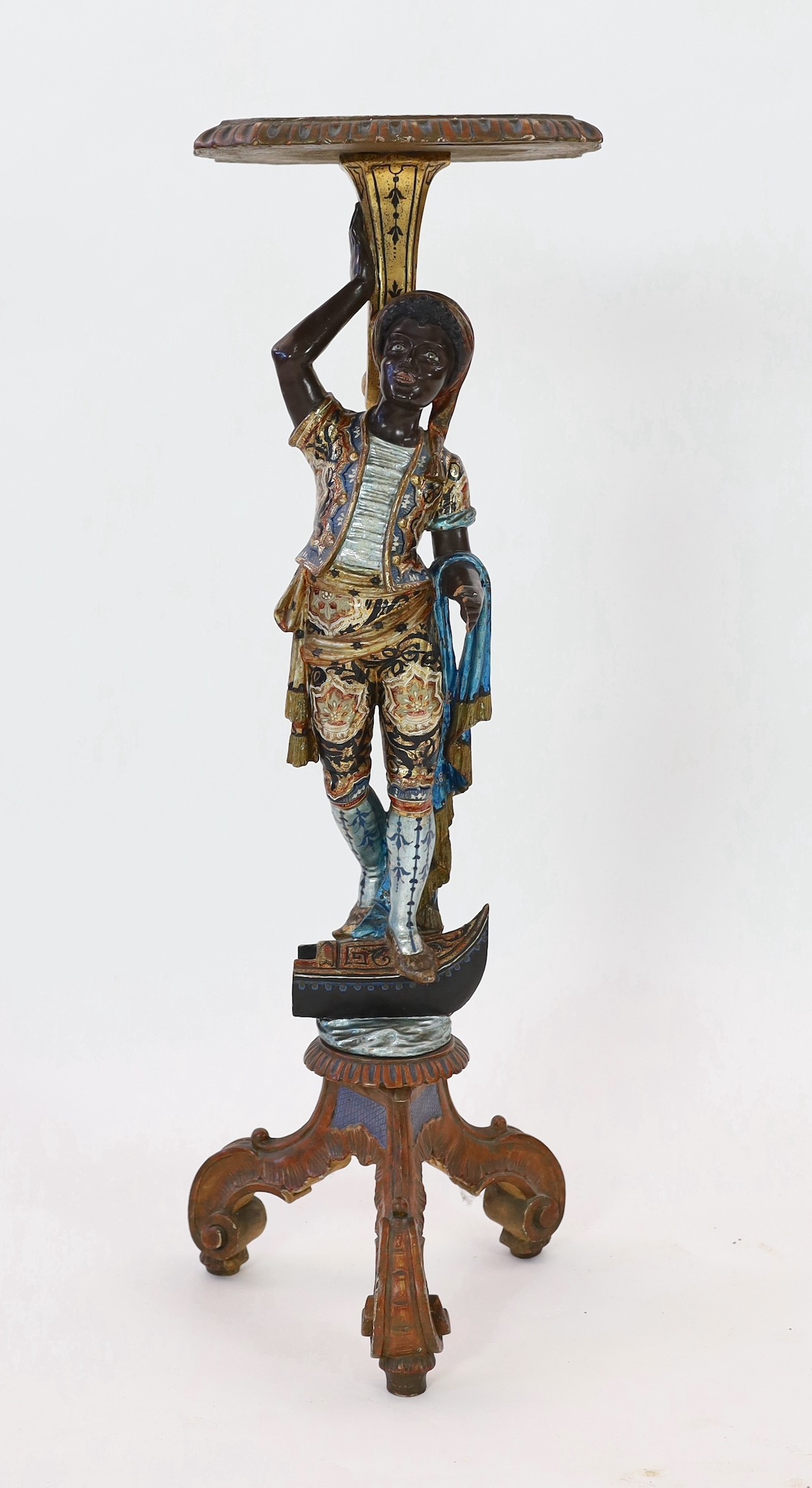 A 19th century Venetian carved wood and polychrome gondolier blackamoor table, width 33cm height 103cm